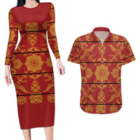 Lesotho Seanamarena Kharetsa Royal Red Couples Matching Long Sleeve Bodycon Dress and Hawaiian Shirt Basotho Traditional Blanket Style - Wonder Print Shop