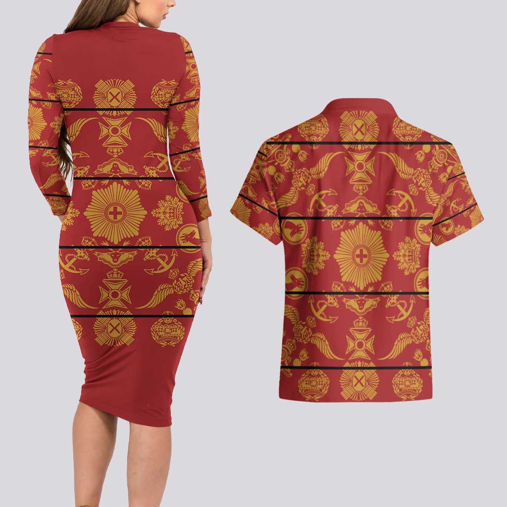 Lesotho Seanamarena Kharetsa Royal Red Couples Matching Long Sleeve Bodycon Dress and Hawaiian Shirt Basotho Traditional Blanket Style - Wonder Print Shop