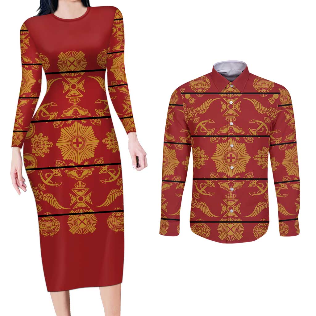 Lesotho Seanamarena Kharetsa Royal Red Couples Matching Long Sleeve Bodycon Dress and Long Sleeve Button Shirt Basotho Traditional Blanket Style - Wonder Print Shop