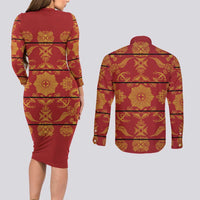 Lesotho Seanamarena Kharetsa Royal Red Couples Matching Long Sleeve Bodycon Dress and Long Sleeve Button Shirt Basotho Traditional Blanket Style - Wonder Print Shop