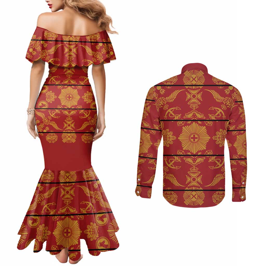 Lesotho Seanamarena Kharetsa Royal Red Couples Matching Mermaid Dress and Long Sleeve Button Shirt Basotho Traditional Blanket Style - Wonder Print Shop