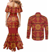 Lesotho Seanamarena Kharetsa Royal Red Couples Matching Mermaid Dress and Long Sleeve Button Shirt Basotho Traditional Blanket Style - Wonder Print Shop