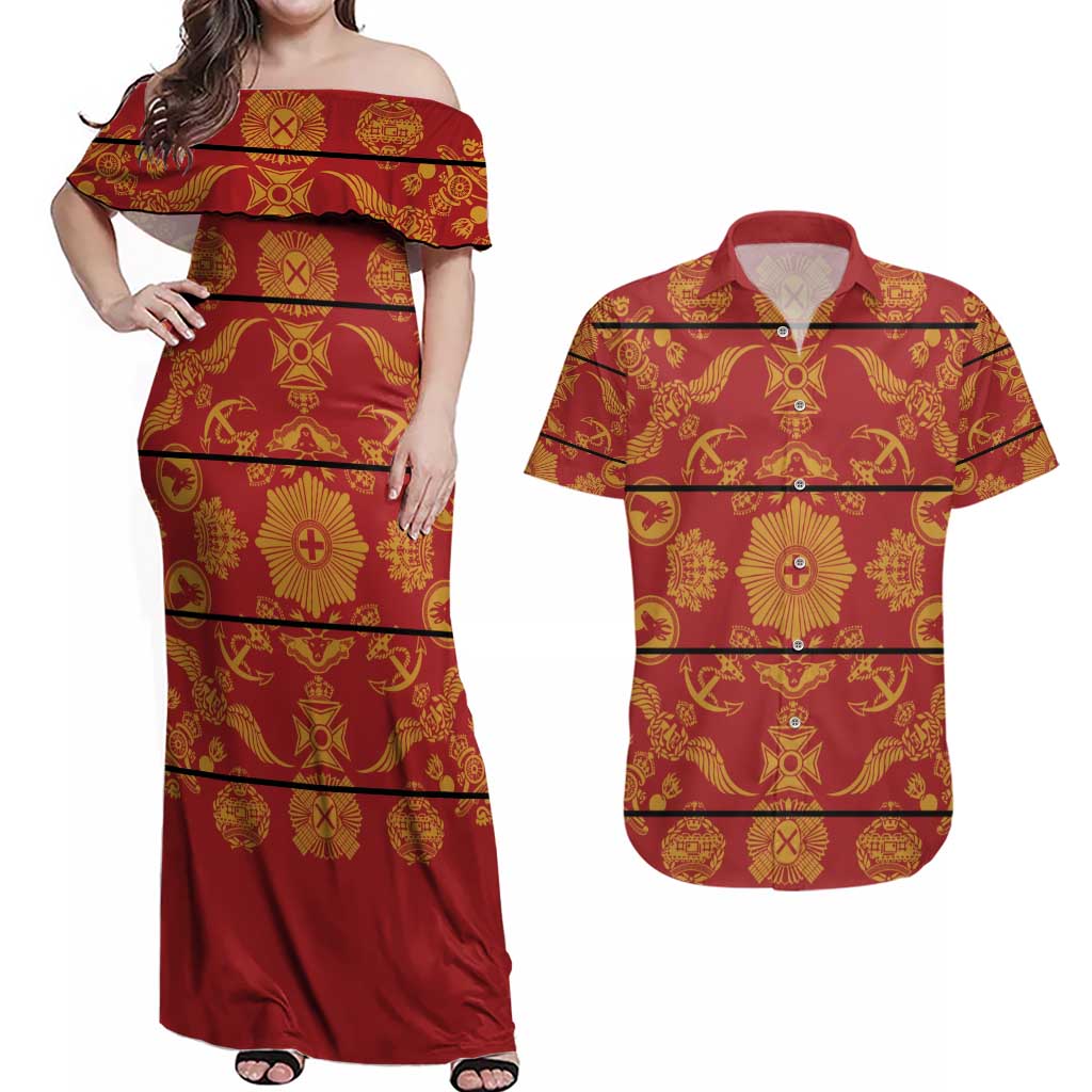 Lesotho Seanamarena Kharetsa Royal Red Couples Matching Off Shoulder Maxi Dress and Hawaiian Shirt Basotho Traditional Blanket Style - Wonder Print Shop