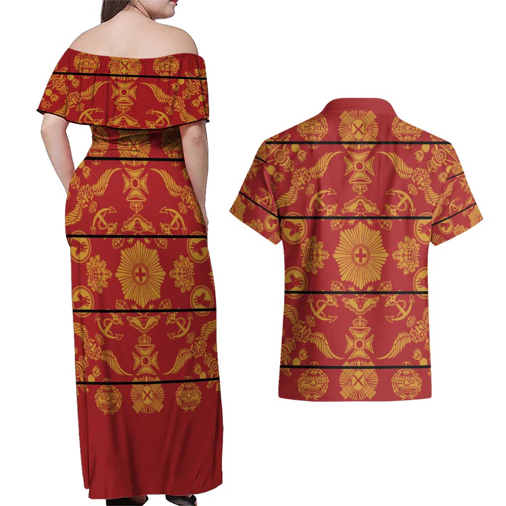 Lesotho Seanamarena Kharetsa Royal Red Couples Matching Off Shoulder Maxi Dress and Hawaiian Shirt Basotho Traditional Blanket Style - Wonder Print Shop