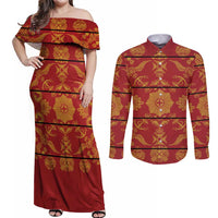 Lesotho Seanamarena Kharetsa Royal Red Couples Matching Off Shoulder Maxi Dress and Long Sleeve Button Shirt Basotho Traditional Blanket Style - Wonder Print Shop