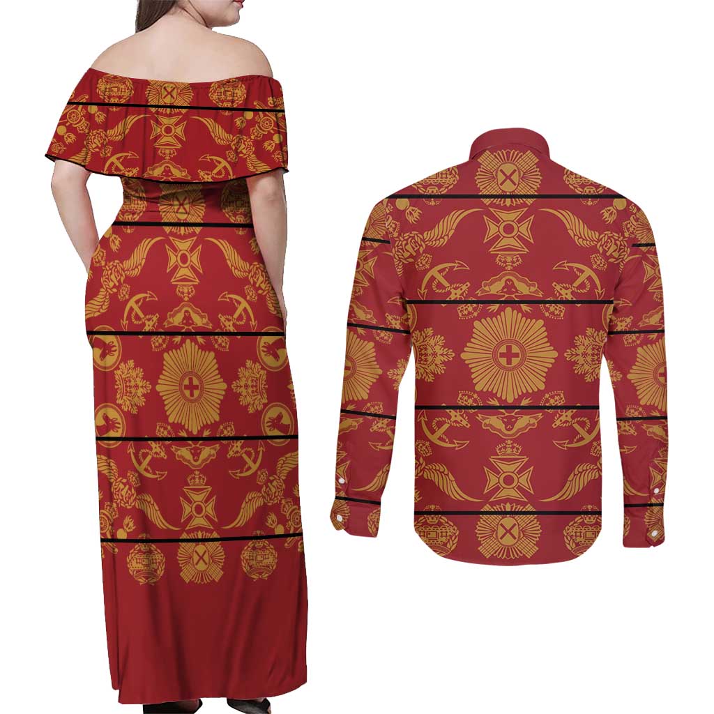 Lesotho Seanamarena Kharetsa Royal Red Couples Matching Off Shoulder Maxi Dress and Long Sleeve Button Shirt Basotho Traditional Blanket Style - Wonder Print Shop