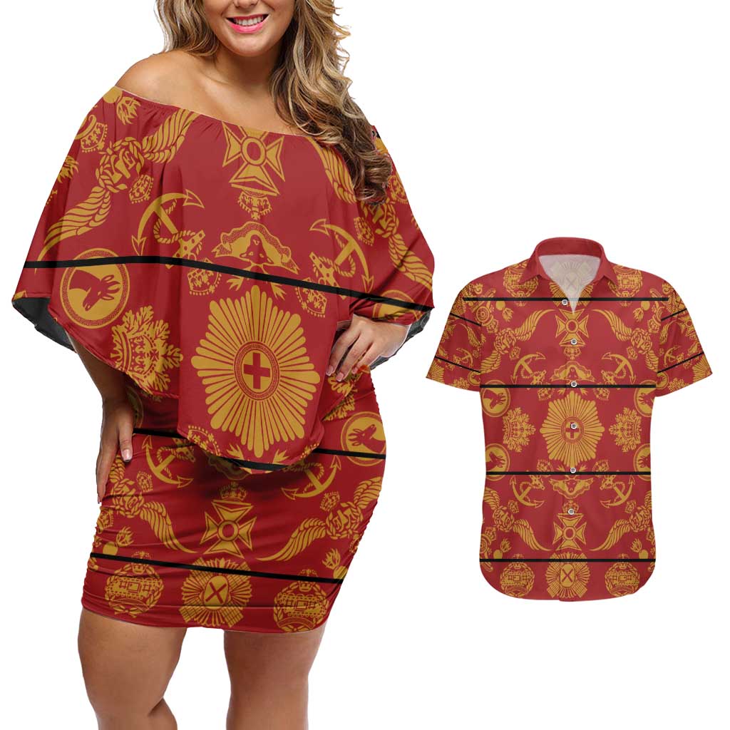 Lesotho Seanamarena Kharetsa Royal Red Couples Matching Off Shoulder Short Dress and Hawaiian Shirt Basotho Traditional Blanket Style - Wonder Print Shop