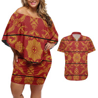 Lesotho Seanamarena Kharetsa Royal Red Couples Matching Off Shoulder Short Dress and Hawaiian Shirt Basotho Traditional Blanket Style - Wonder Print Shop