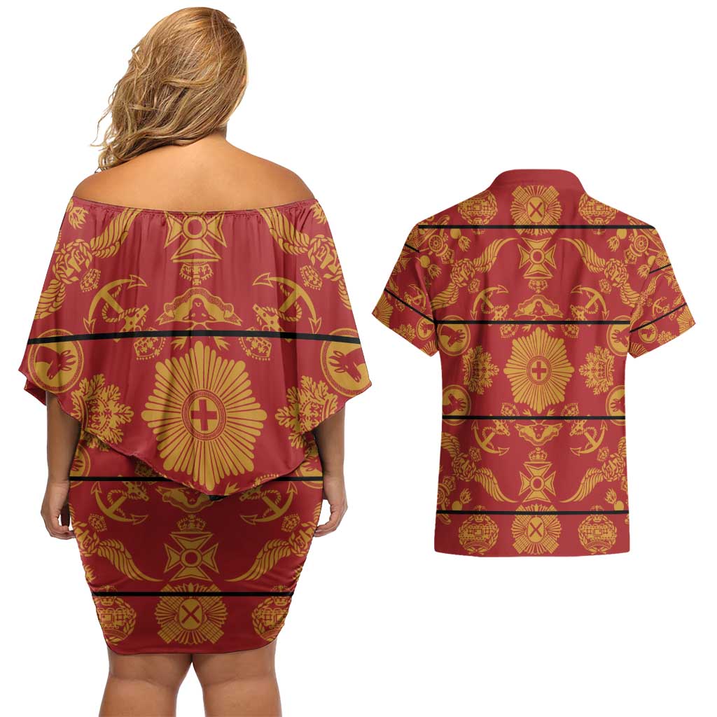 Lesotho Seanamarena Kharetsa Royal Red Couples Matching Off Shoulder Short Dress and Hawaiian Shirt Basotho Traditional Blanket Style - Wonder Print Shop