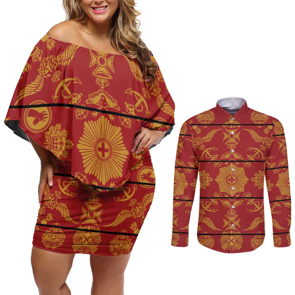 Lesotho Seanamarena Kharetsa Royal Red Couples Matching Off Shoulder Short Dress and Long Sleeve Button Shirt Basotho Traditional Blanket Style - Wonder Print Shop