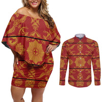Lesotho Seanamarena Kharetsa Royal Red Couples Matching Off Shoulder Short Dress and Long Sleeve Button Shirt Basotho Traditional Blanket Style - Wonder Print Shop