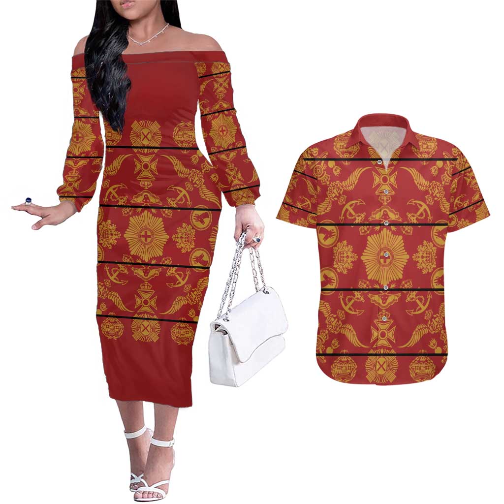 Lesotho Seanamarena Kharetsa Royal Red Couples Matching Off The Shoulder Long Sleeve Dress and Hawaiian Shirt Basotho Traditional Blanket Style - Wonder Print Shop