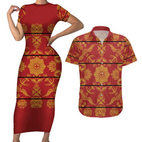 Lesotho Seanamarena Kharetsa Royal Red Couples Matching Short Sleeve Bodycon Dress and Hawaiian Shirt Basotho Traditional Blanket Style - Wonder Print Shop