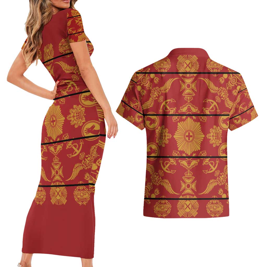 Lesotho Seanamarena Kharetsa Royal Red Couples Matching Short Sleeve Bodycon Dress and Hawaiian Shirt Basotho Traditional Blanket Style - Wonder Print Shop