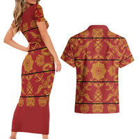 Lesotho Seanamarena Kharetsa Royal Red Couples Matching Short Sleeve Bodycon Dress and Hawaiian Shirt Basotho Traditional Blanket Style - Wonder Print Shop