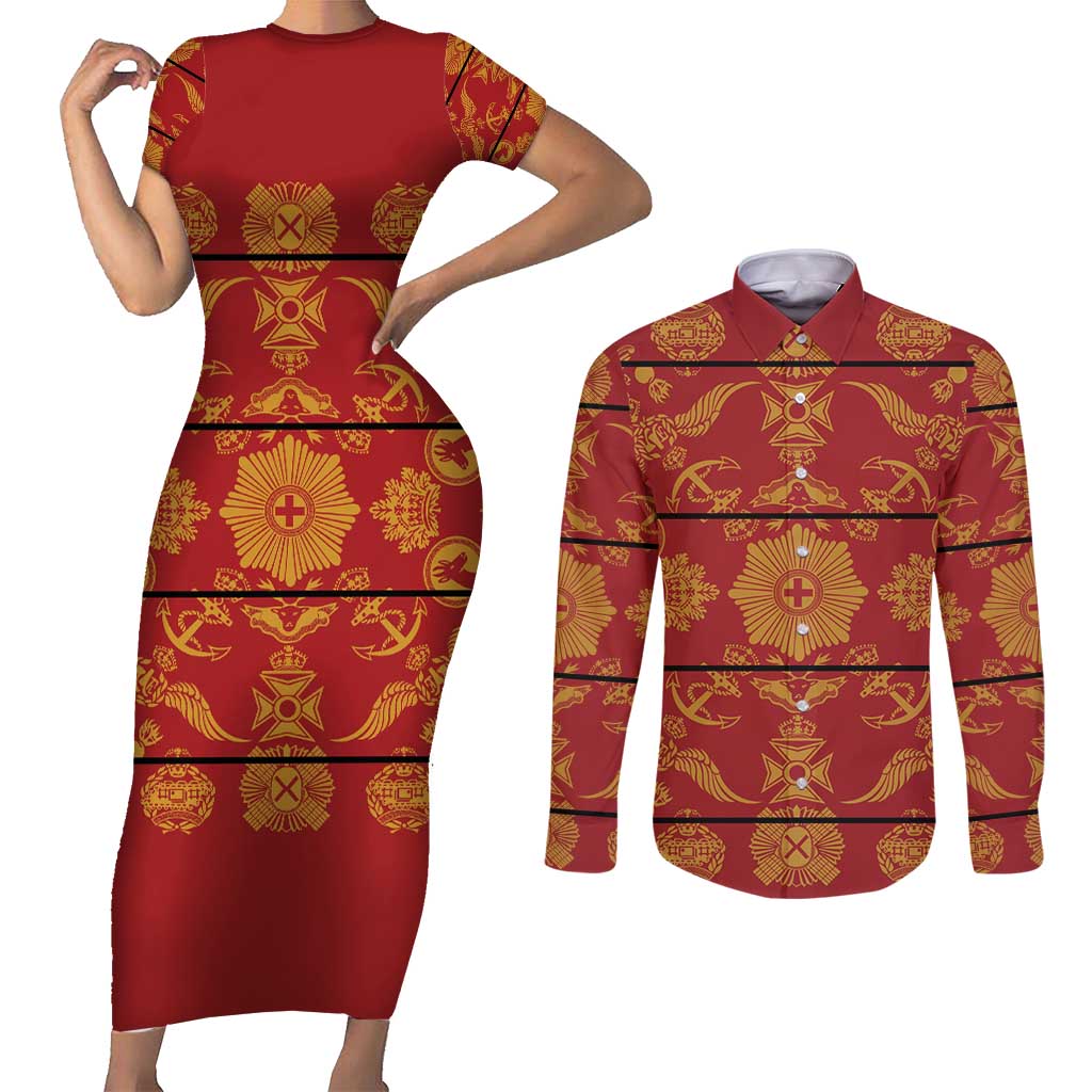 Lesotho Seanamarena Kharetsa Royal Red Couples Matching Short Sleeve Bodycon Dress and Long Sleeve Button Shirt Basotho Traditional Blanket Style - Wonder Print Shop