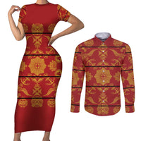 Lesotho Seanamarena Kharetsa Royal Red Couples Matching Short Sleeve Bodycon Dress and Long Sleeve Button Shirt Basotho Traditional Blanket Style - Wonder Print Shop