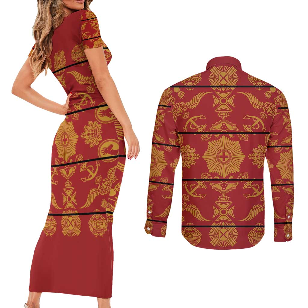Lesotho Seanamarena Kharetsa Royal Red Couples Matching Short Sleeve Bodycon Dress and Long Sleeve Button Shirt Basotho Traditional Blanket Style - Wonder Print Shop