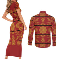 Lesotho Seanamarena Kharetsa Royal Red Couples Matching Short Sleeve Bodycon Dress and Long Sleeve Button Shirt Basotho Traditional Blanket Style - Wonder Print Shop