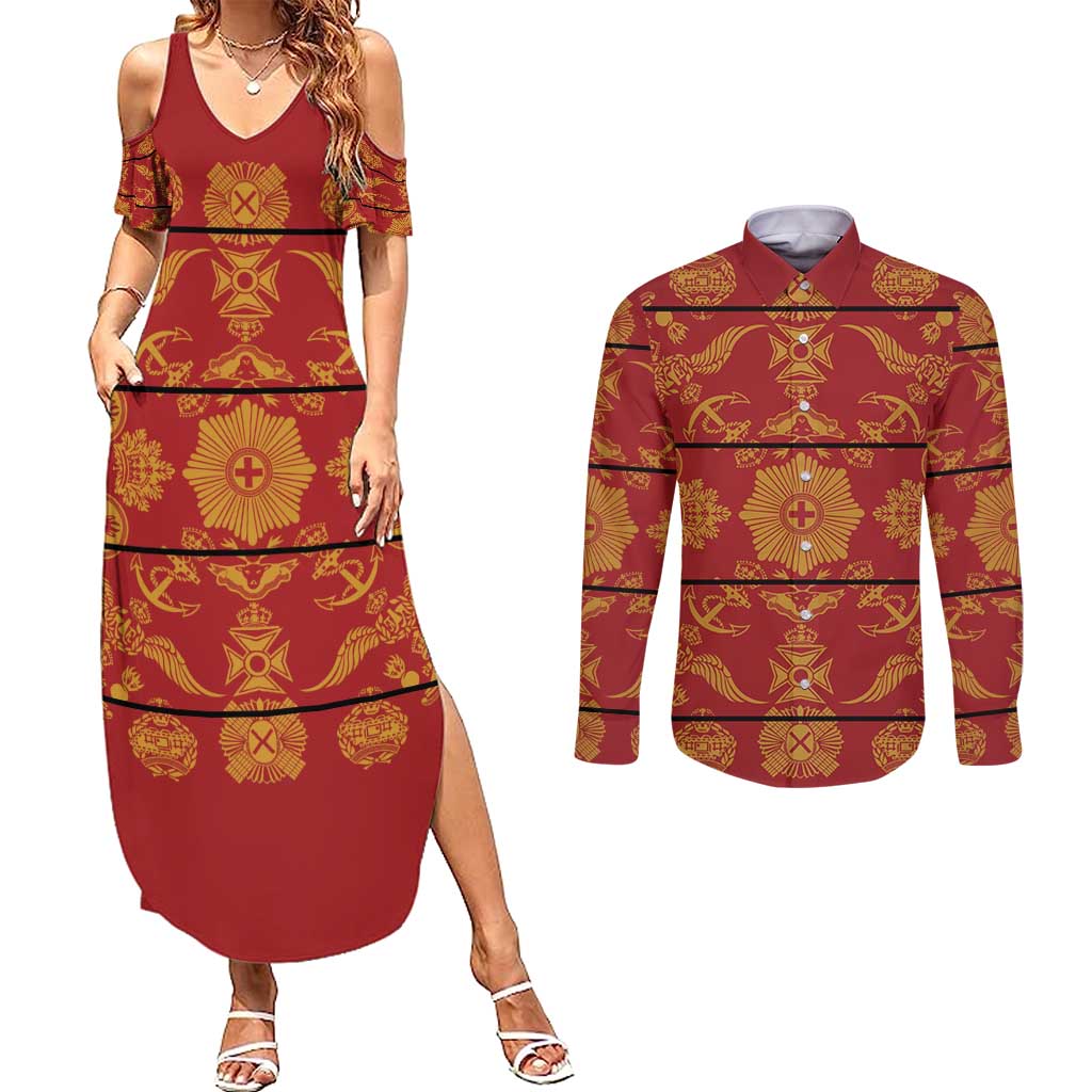 Lesotho Seanamarena Kharetsa Royal Red Couples Matching Summer Maxi Dress and Long Sleeve Button Shirt Basotho Traditional Blanket Style - Wonder Print Shop