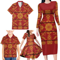 Lesotho Seanamarena Kharetsa Royal Red Family Matching Long Sleeve Bodycon Dress and Hawaiian Shirt Basotho Traditional Blanket Style - Wonder Print Shop
