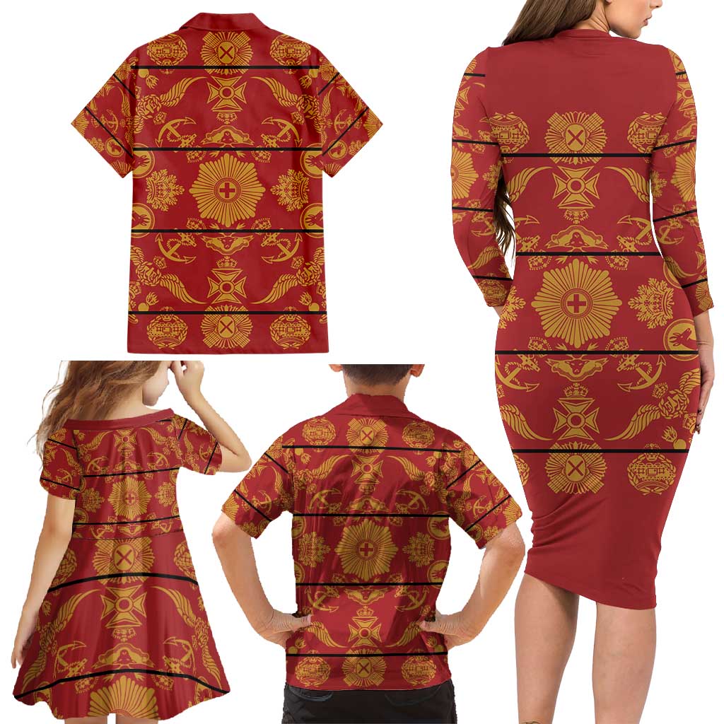 Lesotho Seanamarena Kharetsa Royal Red Family Matching Long Sleeve Bodycon Dress and Hawaiian Shirt Basotho Traditional Blanket Style - Wonder Print Shop