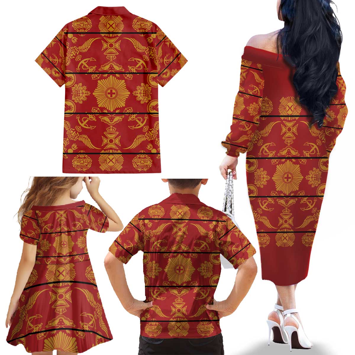Lesotho Seanamarena Kharetsa Royal Red Family Matching Off The Shoulder Long Sleeve Dress and Hawaiian Shirt Basotho Traditional Blanket Style - Wonder Print Shop