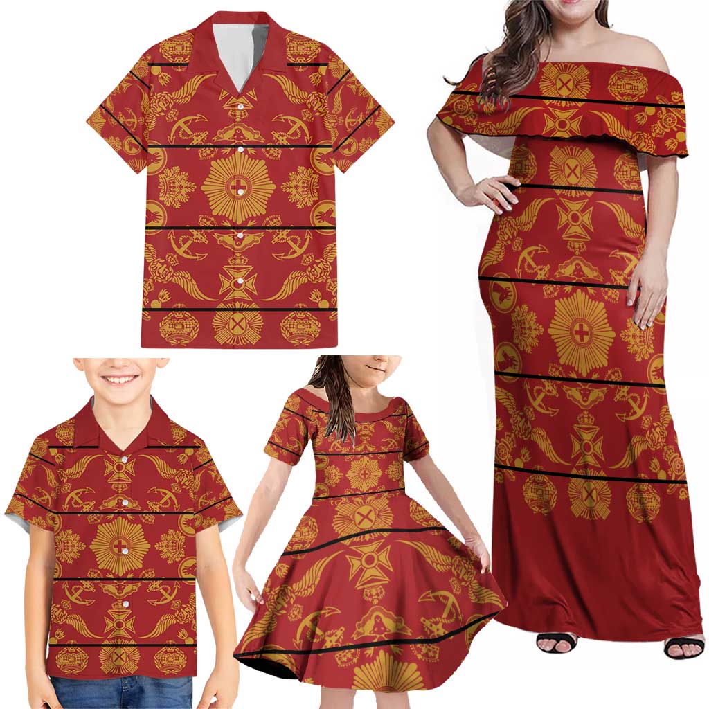 Lesotho Seanamarena Kharetsa Royal Red Family Matching Off Shoulder Maxi Dress and Hawaiian Shirt Basotho Traditional Blanket Style - Wonder Print Shop