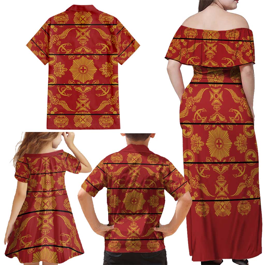 Lesotho Seanamarena Kharetsa Royal Red Family Matching Off Shoulder Maxi Dress and Hawaiian Shirt Basotho Traditional Blanket Style - Wonder Print Shop
