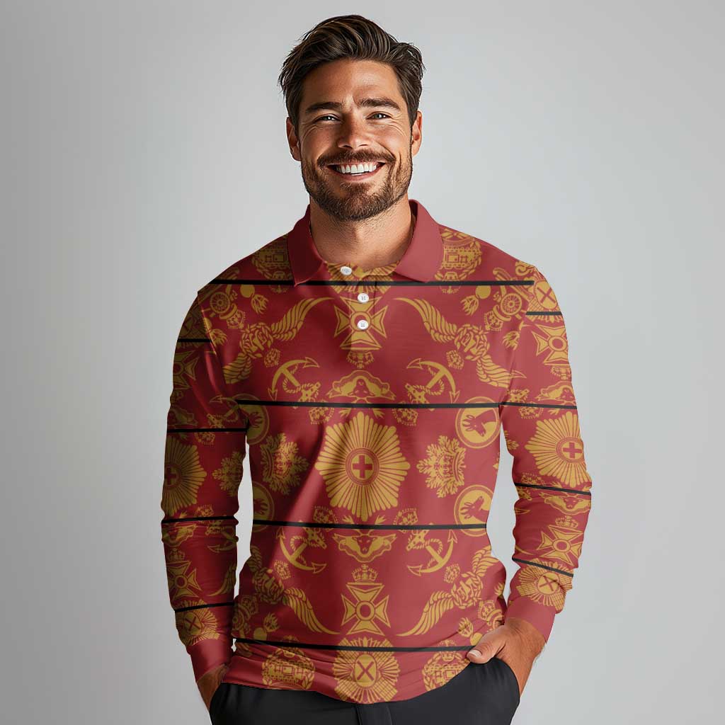Lesotho Seanamarena Kharetsa Royal Red Long Sleeve Polo Shirt Basotho Traditional Blanket Style - Wonder Print Shop