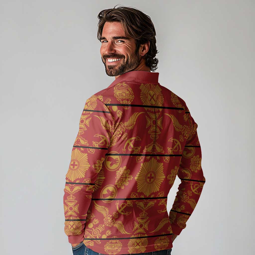 Lesotho Seanamarena Kharetsa Royal Red Long Sleeve Polo Shirt Basotho Traditional Blanket Style - Wonder Print Shop