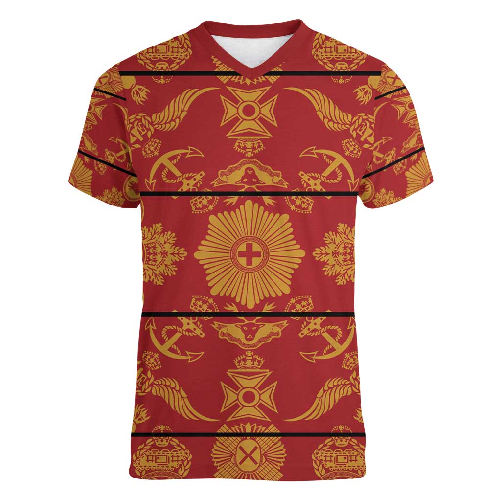 Lesotho Seanamarena Kharetsa Royal Red Women V-Neck T-Shirt Basotho Traditional Blanket Style - Wonder Print Shop