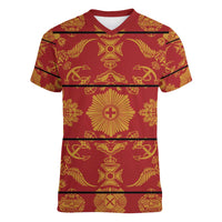 Lesotho Seanamarena Kharetsa Royal Red Women V-Neck T-Shirt Basotho Traditional Blanket Style - Wonder Print Shop