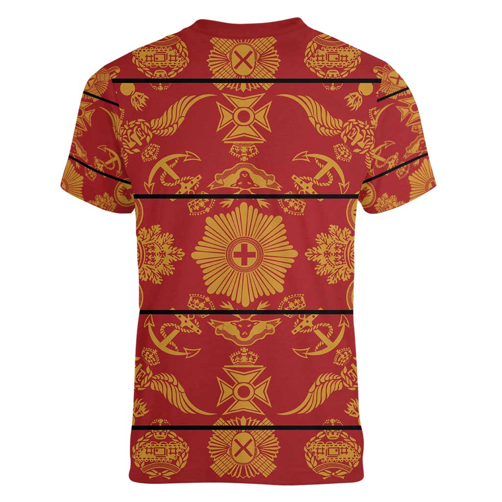 Lesotho Seanamarena Kharetsa Royal Red Women V-Neck T-Shirt Basotho Traditional Blanket Style - Wonder Print Shop