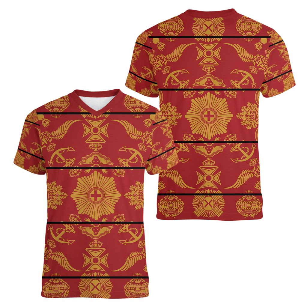 Lesotho Seanamarena Kharetsa Royal Red Women V-Neck T-Shirt Basotho Traditional Blanket Style - Wonder Print Shop