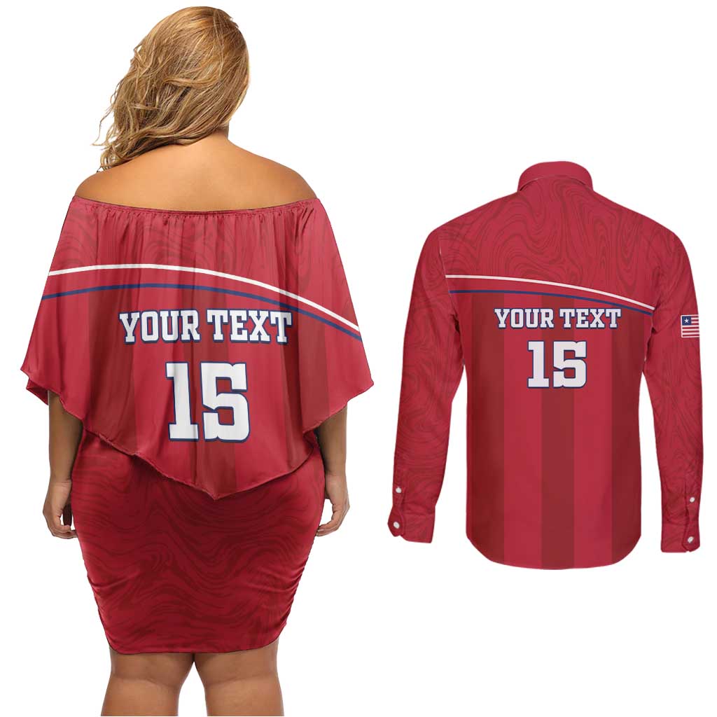 Custom Liberia Football Couples Matching Off Shoulder Short Dress and Long Sleeve Button Shirt Lion Mascot - Red - Wonder Print Shop