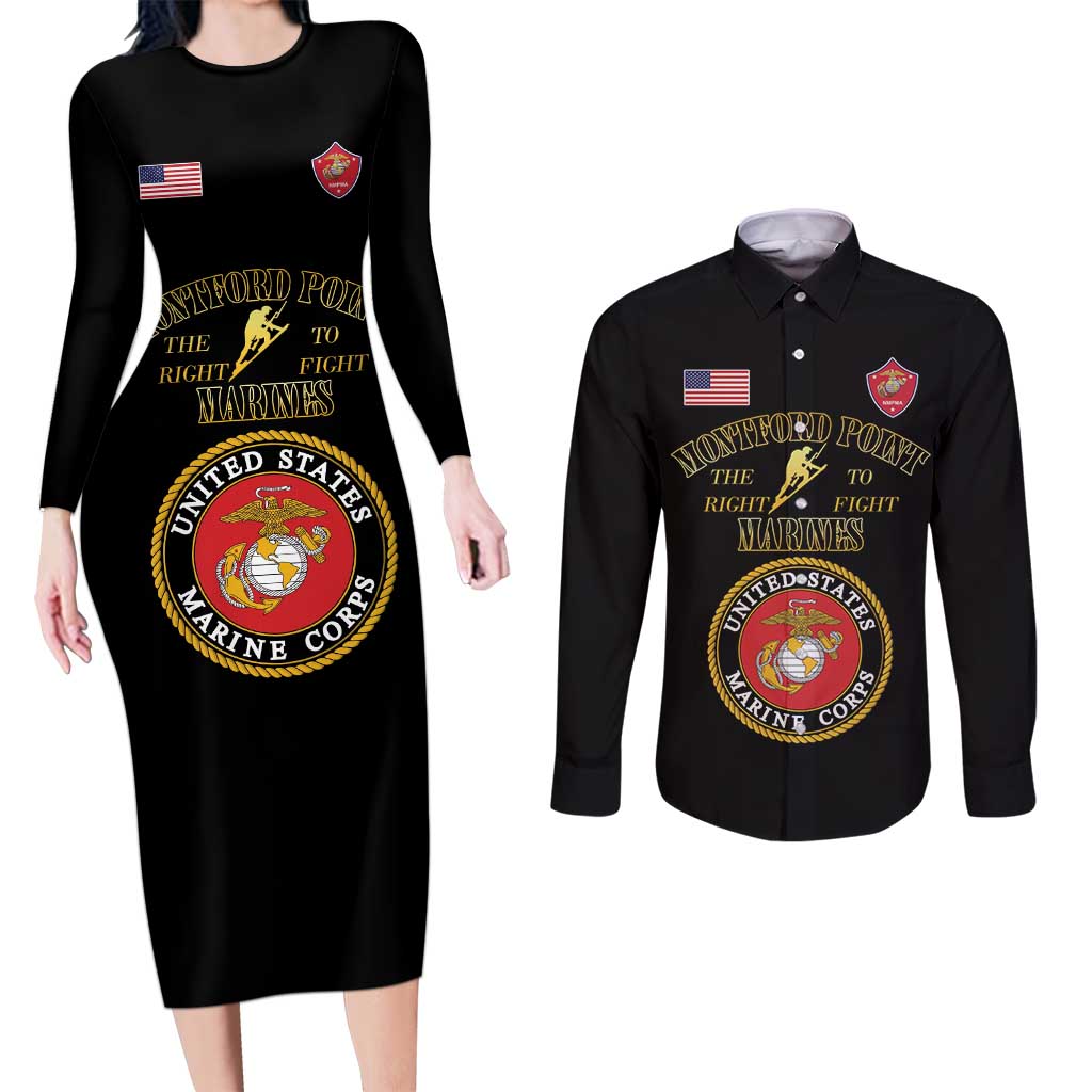 African American Marine Corps Legacy Couples Matching Long Sleeve Bodycon Dress and Long Sleeve Button Shirt Montford Point Heritage Black - Wonder Print Shop