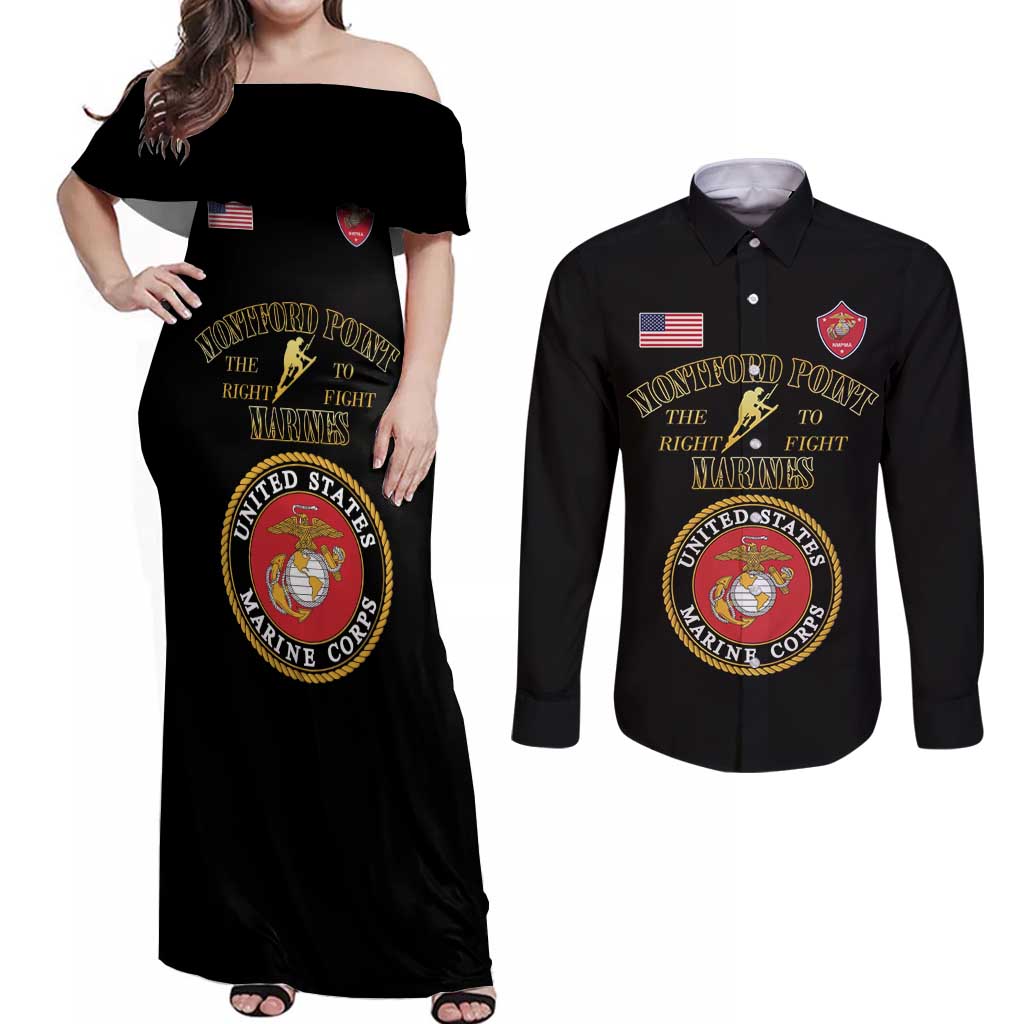 African American Marine Corps Legacy Couples Matching Off Shoulder Maxi Dress and Long Sleeve Button Shirt Montford Point Heritage Black - Wonder Print Shop
