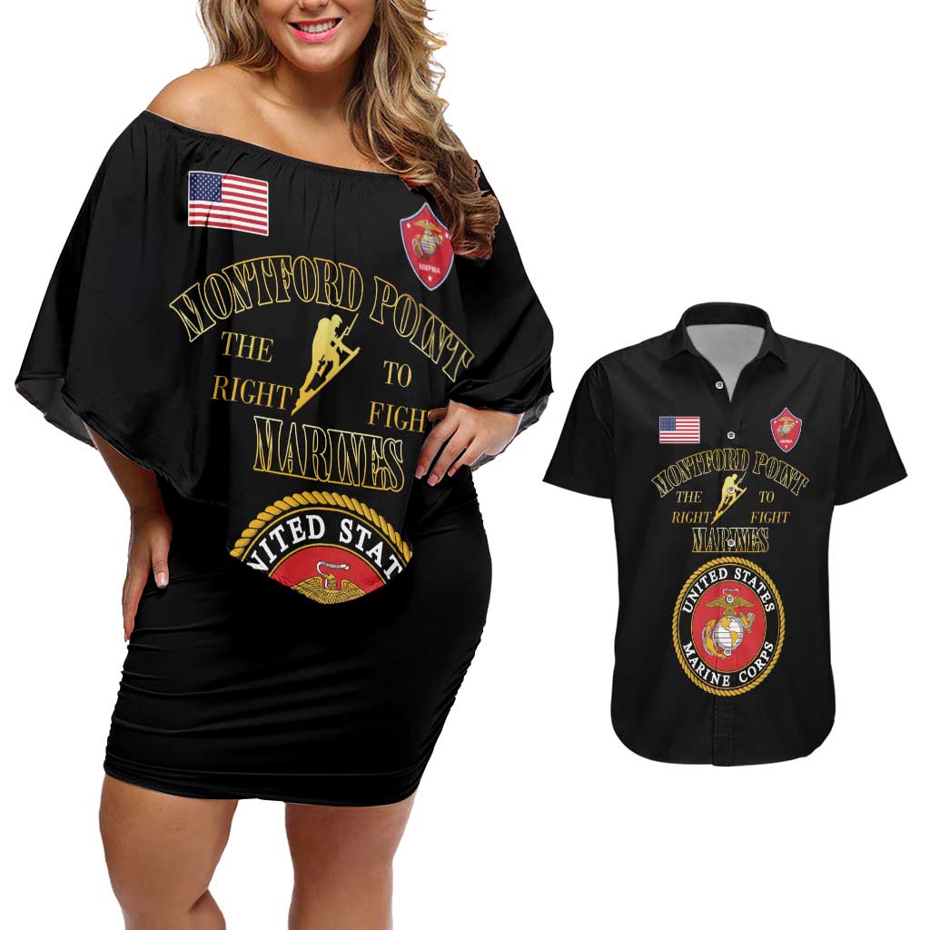 African American Marine Corps Legacy Couples Matching Off Shoulder Short Dress and Hawaiian Shirt Montford Point Heritage Black - Wonder Print Shop