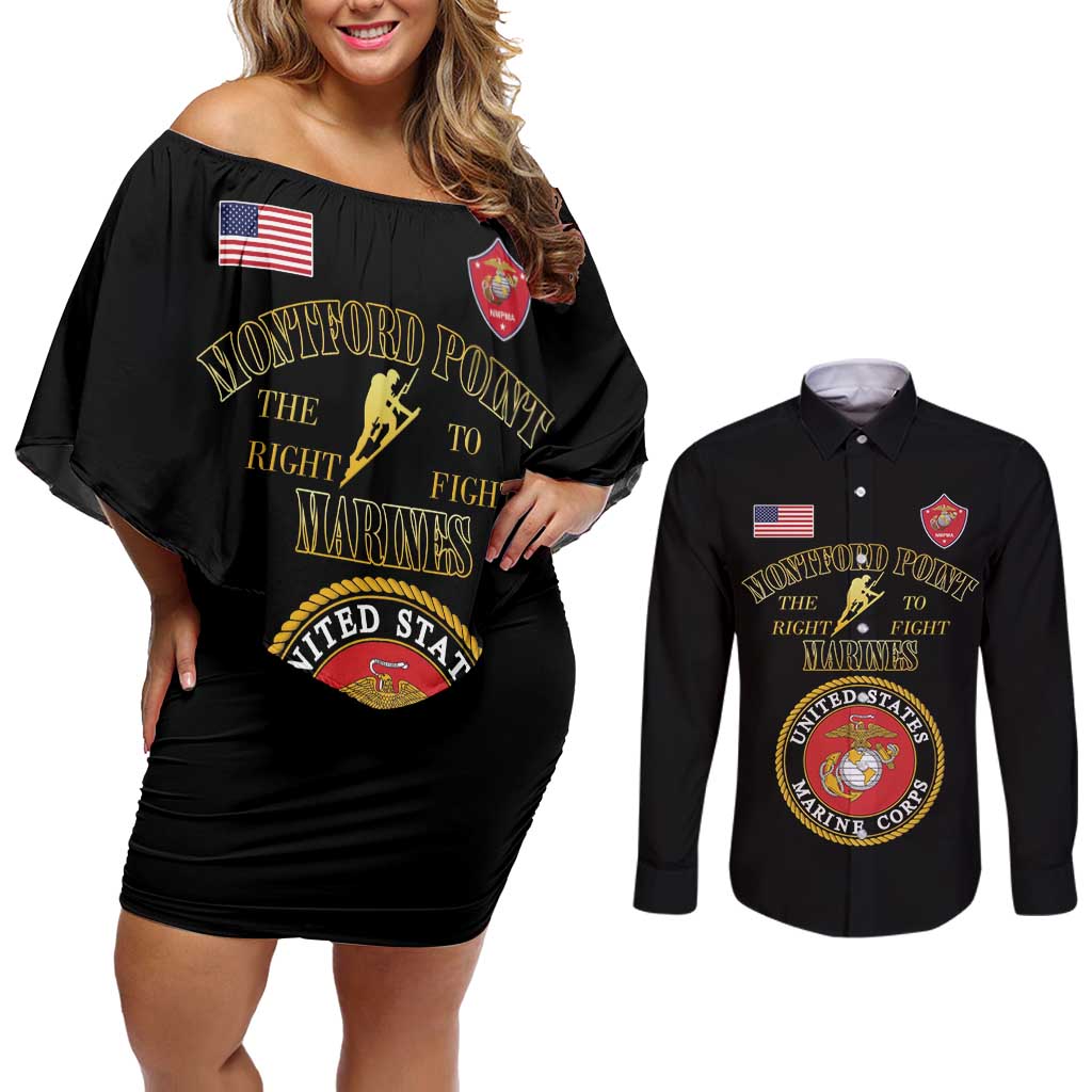African American Marine Corps Legacy Couples Matching Off Shoulder Short Dress and Long Sleeve Button Shirt Montford Point Heritage Black - Wonder Print Shop