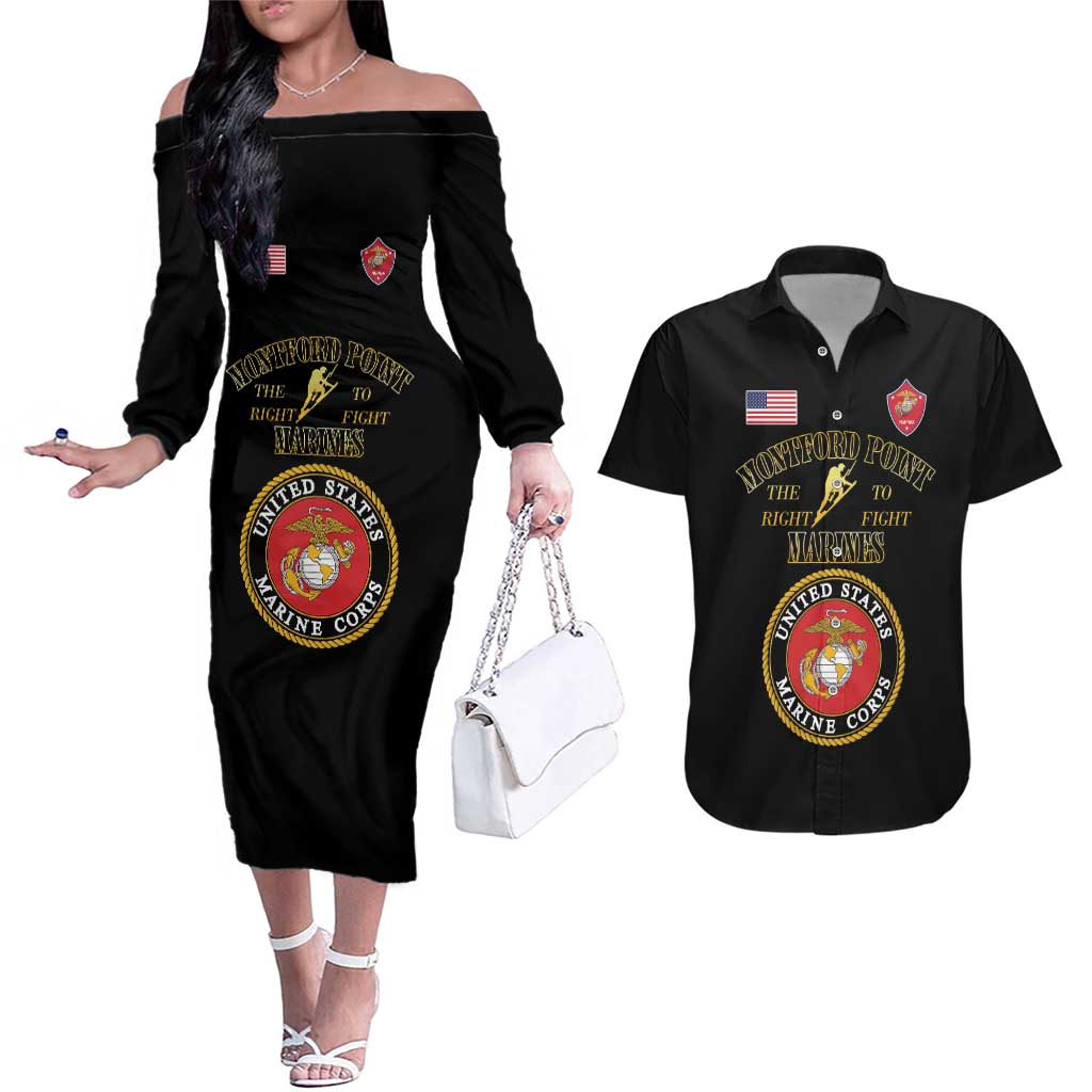 African American Marine Corps Legacy Couples Matching Off The Shoulder Long Sleeve Dress and Hawaiian Shirt Montford Point Heritage Black - Wonder Print Shop