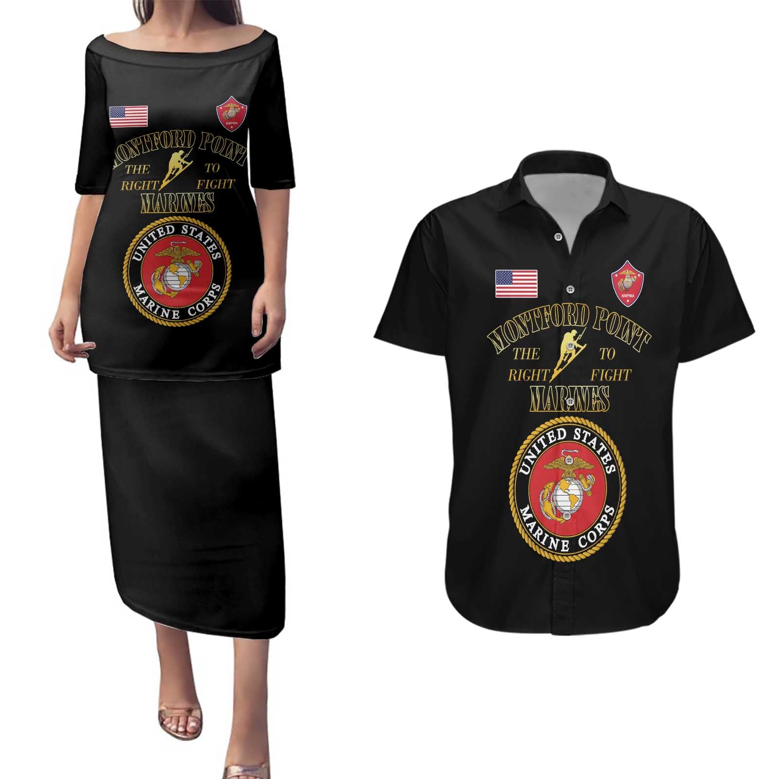 African American Marine Corps Legacy Couples Matching Puletasi and Hawaiian Shirt Montford Point Heritage Black - Wonder Print Shop