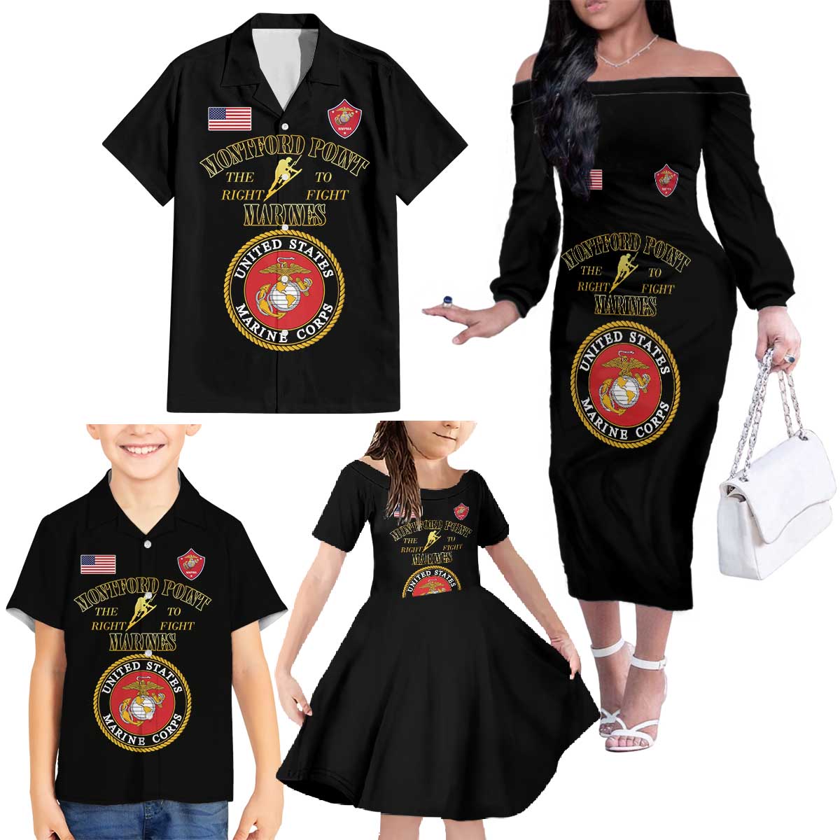 African American Marine Corps Legacy Family Matching Off The Shoulder Long Sleeve Dress and Hawaiian Shirt Montford Point Heritage Black - Wonder Print Shop