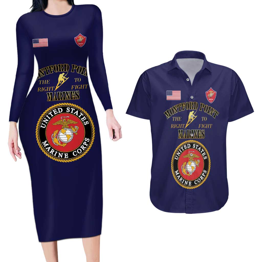 African American Marine Corps Legacy Couples Matching Long Sleeve Bodycon Dress and Hawaiian Shirt Montford Point Heritage Navy Blue - Wonder Print Shop
