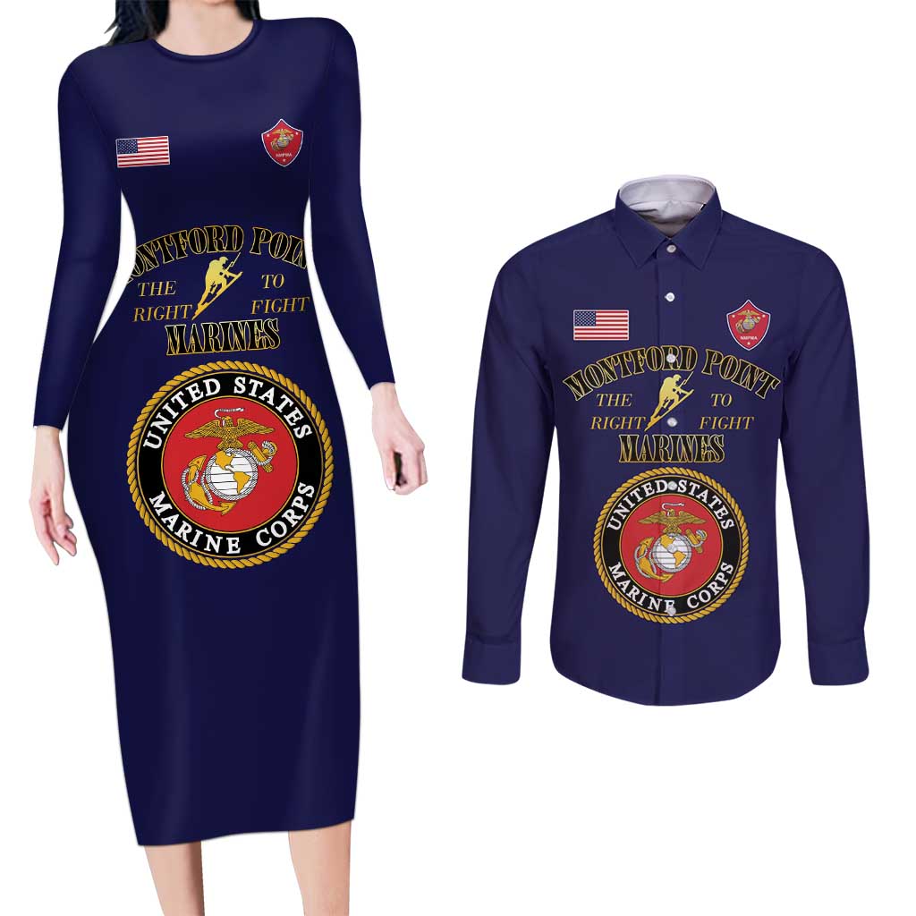 African American Marine Corps Legacy Couples Matching Long Sleeve Bodycon Dress and Long Sleeve Button Shirt Montford Point Heritage Navy Blue - Wonder Print Shop