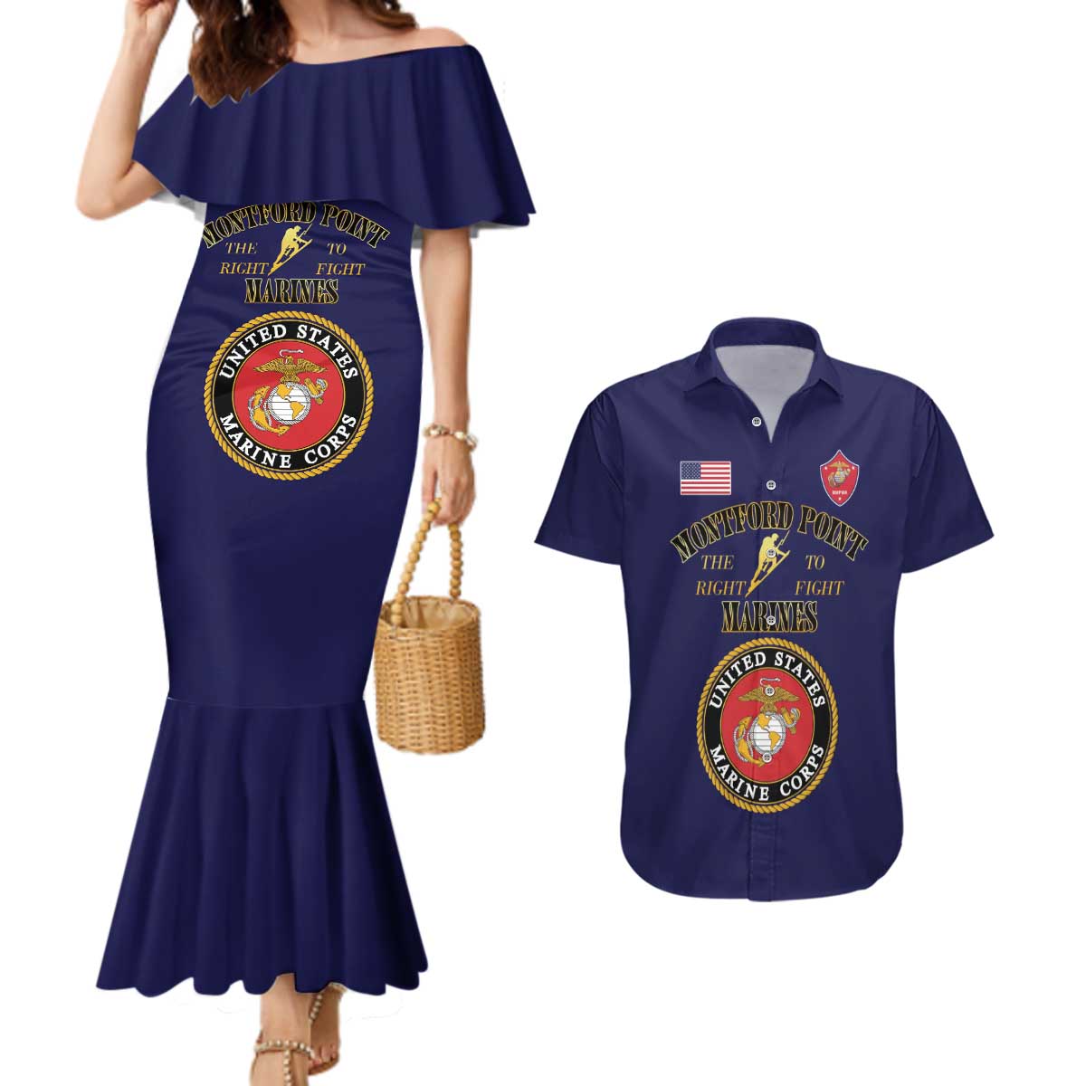 African American Marine Corps Legacy Couples Matching Mermaid Dress and Hawaiian Shirt Montford Point Heritage Navy Blue - Wonder Print Shop