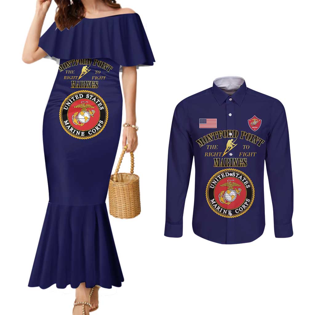 African American Marine Corps Legacy Couples Matching Mermaid Dress and Long Sleeve Button Shirt Montford Point Heritage Navy Blue - Wonder Print Shop