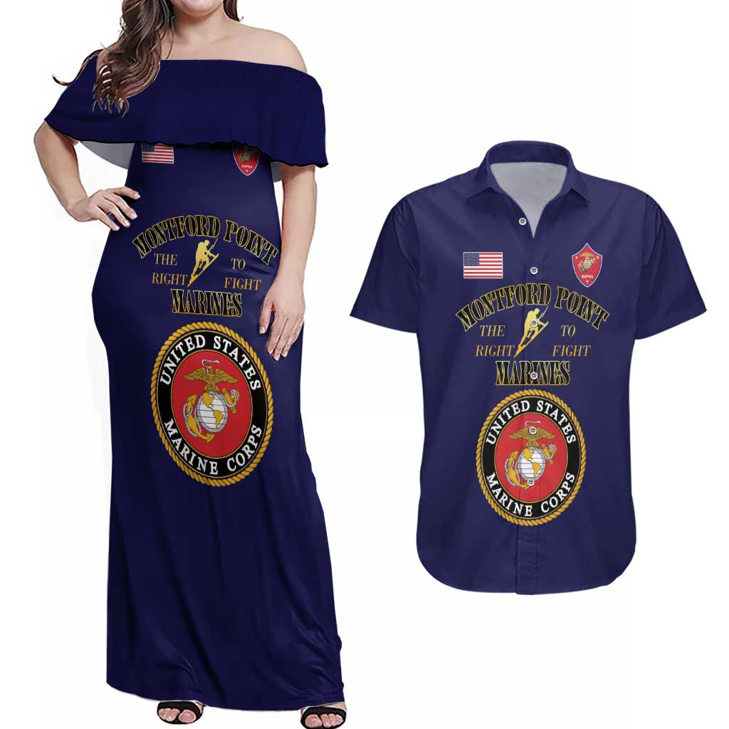 African American Marine Corps Legacy Couples Matching Off Shoulder Maxi Dress and Hawaiian Shirt Montford Point Heritage Navy Blue - Wonder Print Shop