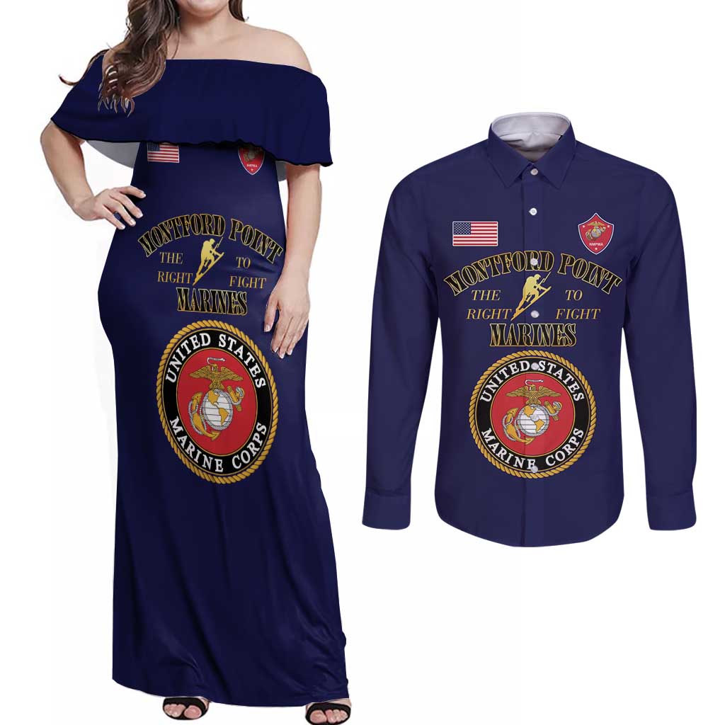 African American Marine Corps Legacy Couples Matching Off Shoulder Maxi Dress and Long Sleeve Button Shirt Montford Point Heritage Navy Blue - Wonder Print Shop