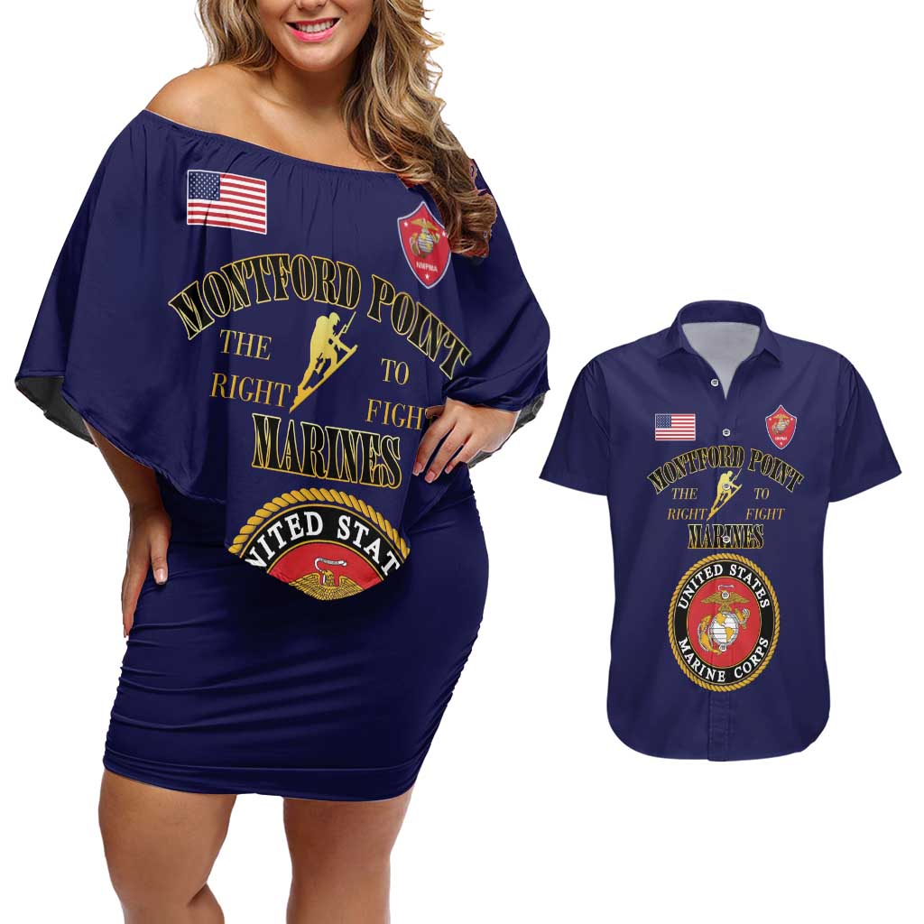 African American Marine Corps Legacy Couples Matching Off Shoulder Short Dress and Hawaiian Shirt Montford Point Heritage Navy Blue - Wonder Print Shop